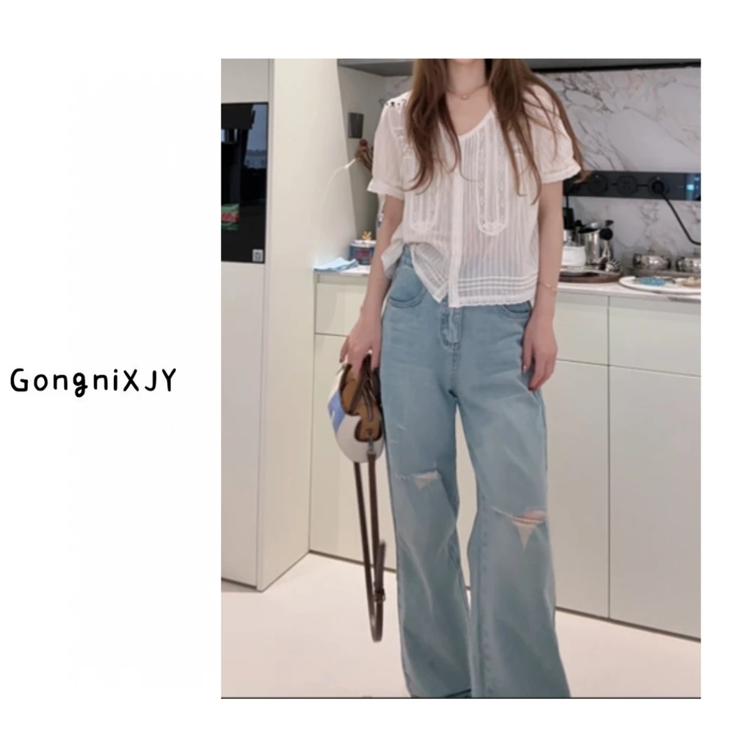 【LINA·GXY】慵懒摩登破洞设计休闲直筒牛仔裤