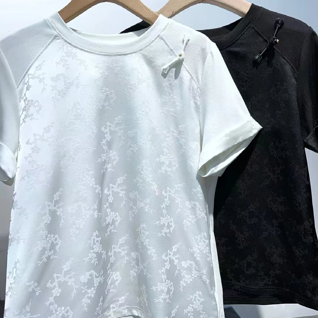 盘扣点缀提花缎面拼接新中式国风T恤短袖