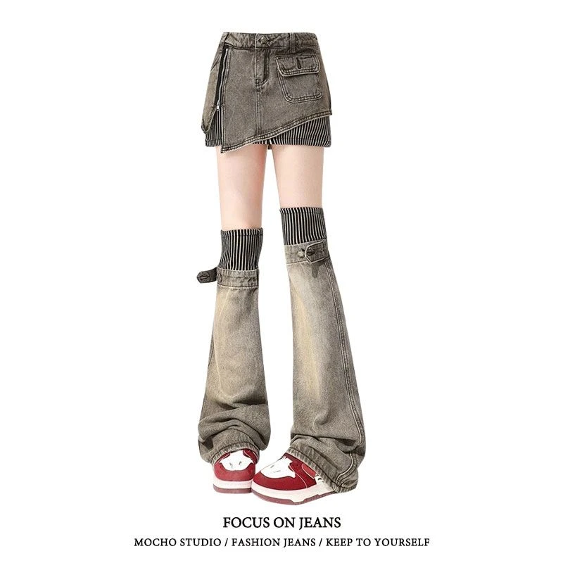 美式复古做旧不规则牛仔半身裙女辣妹显瘦开叉A字短裙腿套两件套