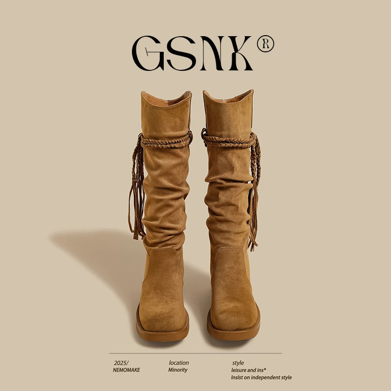 真皮~废土风粗跟长筒靴女2025秋冬季新款v口驼色流苏褶皱骑士长靴