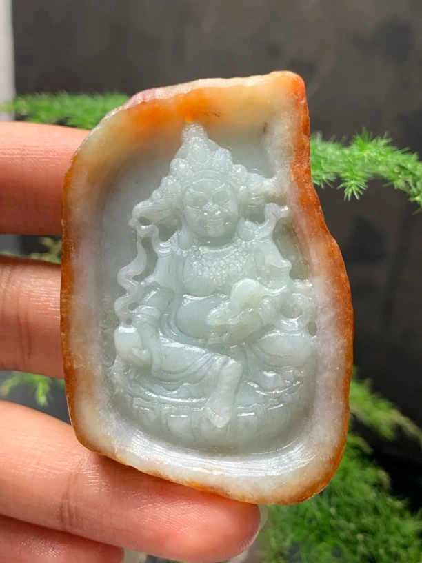 天然缅甸翡翠带皮黄财神