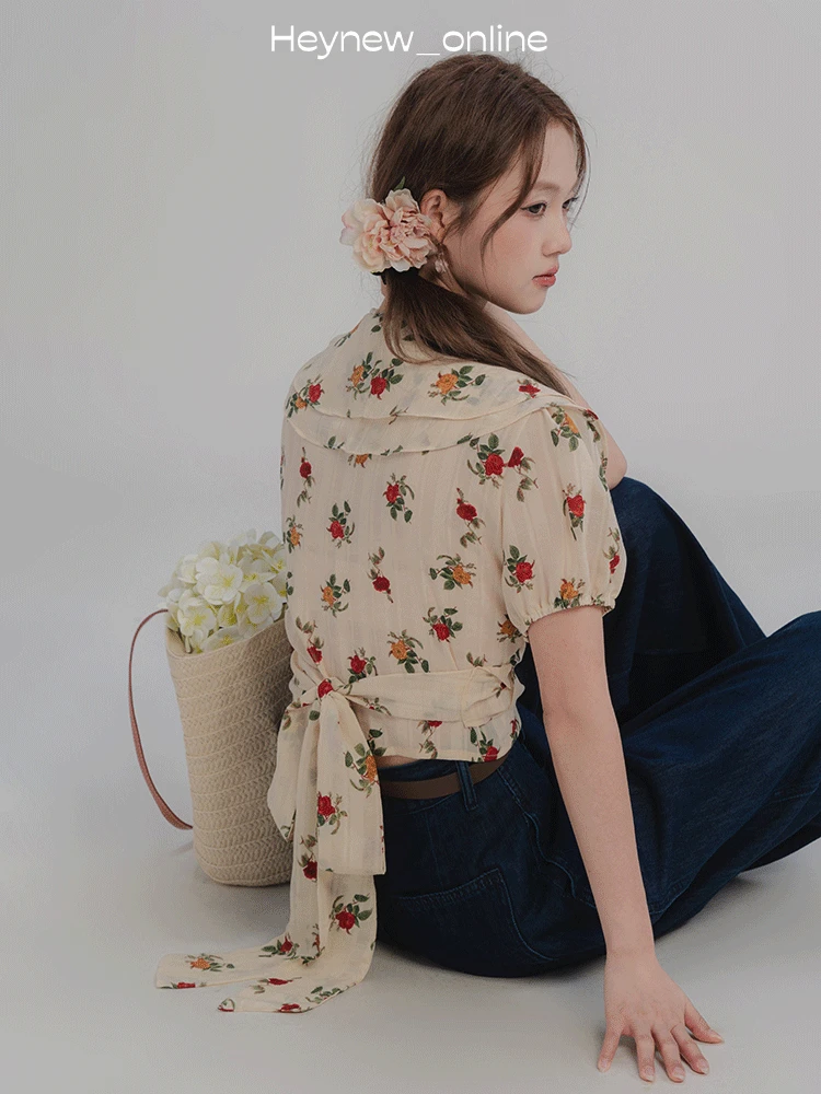 【年底宠粉福利】法式独特碎花绑带短袖衬衫女气质短款-M240131HN