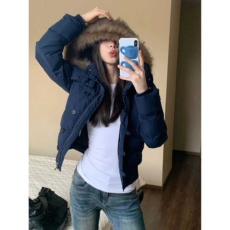 冬季百搭藏青色连帽毛领短款棉衣棉袄女新款保暖加厚羽绒棉服外套