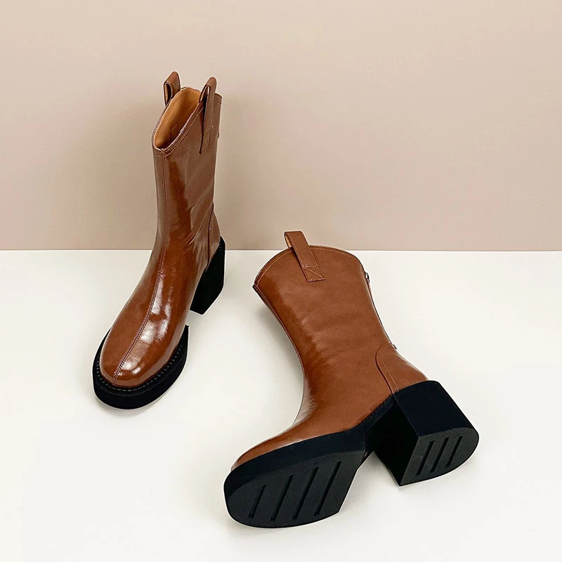 真皮粗高跟圆头短靴女秋冬新款中筒靴厚底防水台后拉链西部靴半靴