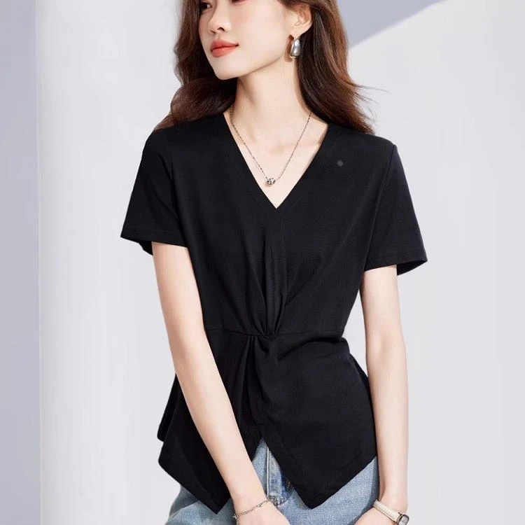 2025夏季新款显瘦气质V领短袖T恤小衫女小个子设计感开叉短款上衣