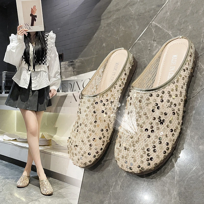 平底半拖鞋女镂空包头拖鞋2025新款春夏女鞋透气懒人拖鞋百搭