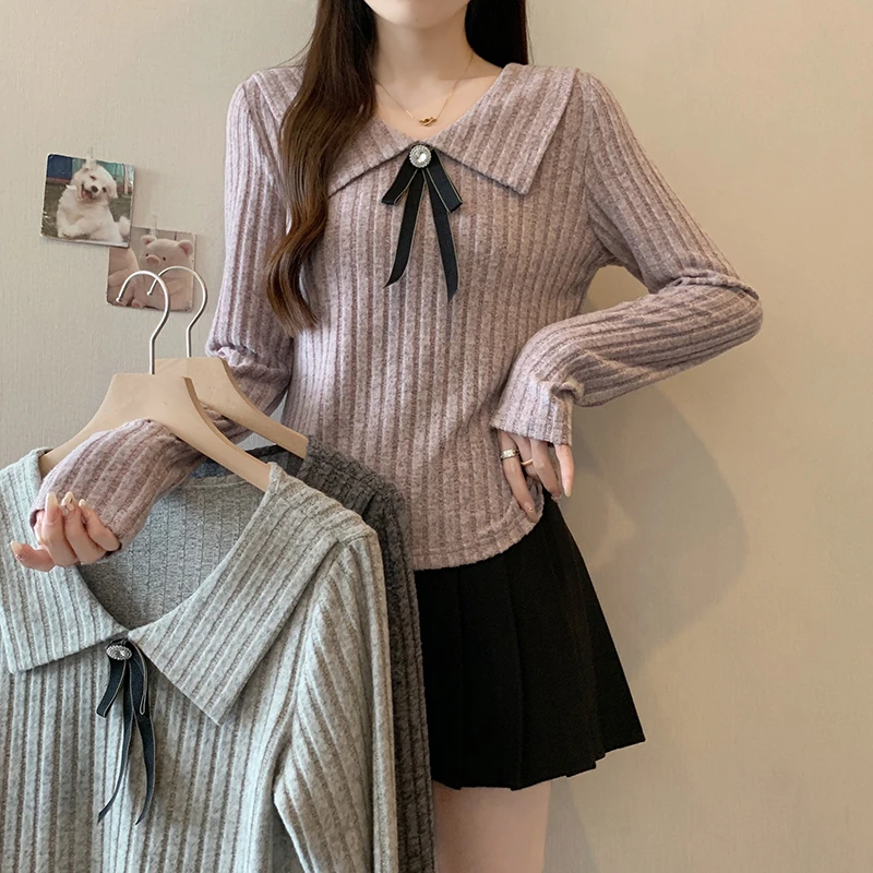2025春装季新款胖mm大码女甜美娃娃领蝴蝶结针织长袖上衣8161