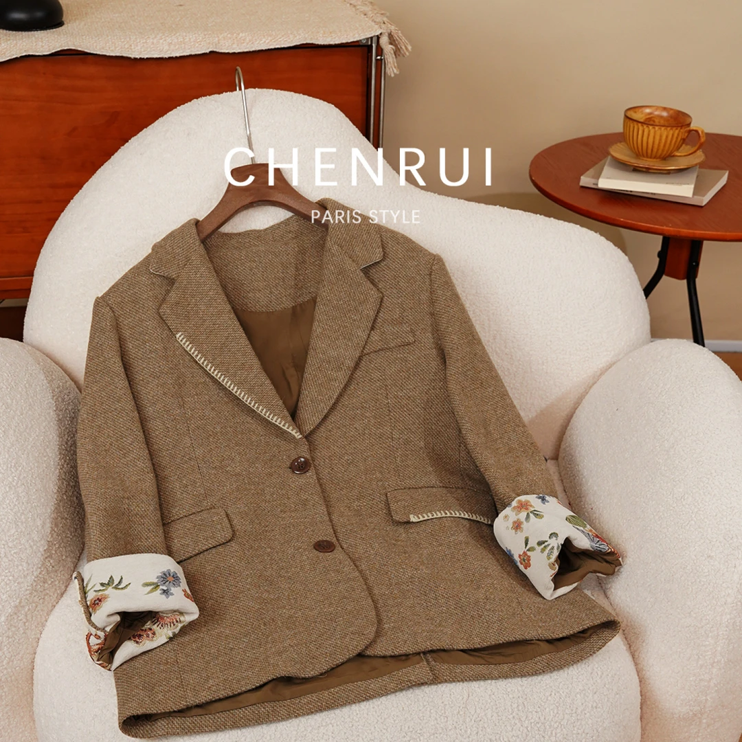 2025新款羊毛粗花呢西装外套手工外缝线经典卡其色上衣女3867