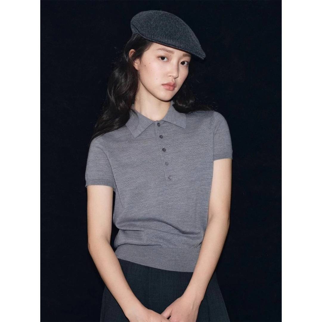 法式百搭老钱风灰色冰丝针织polo衫女夏季正肩翻领短袖T恤上衣薄