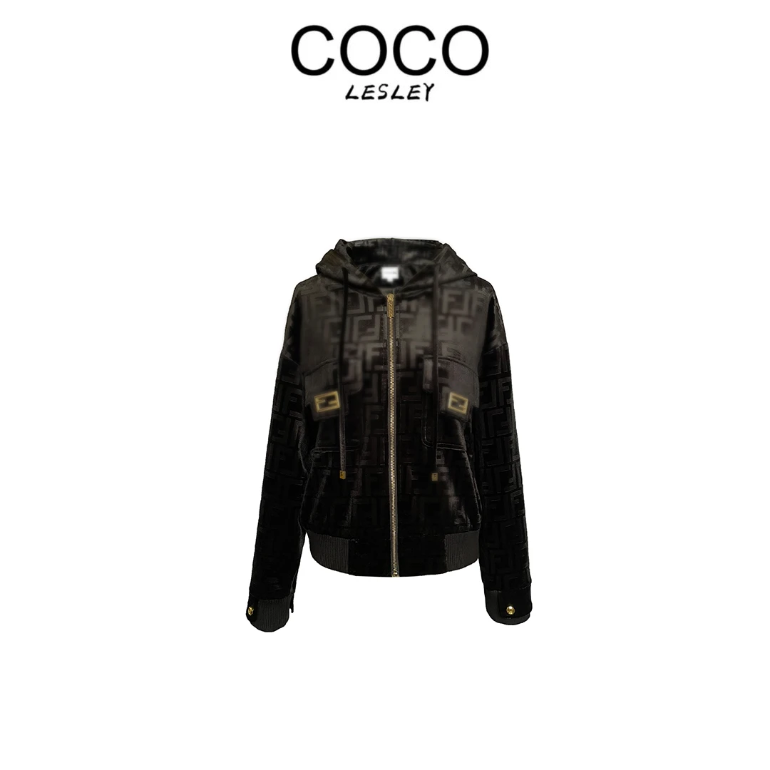 【COCO LESLEY】秋冬新款气质字母休闲连帽丝绒外套57