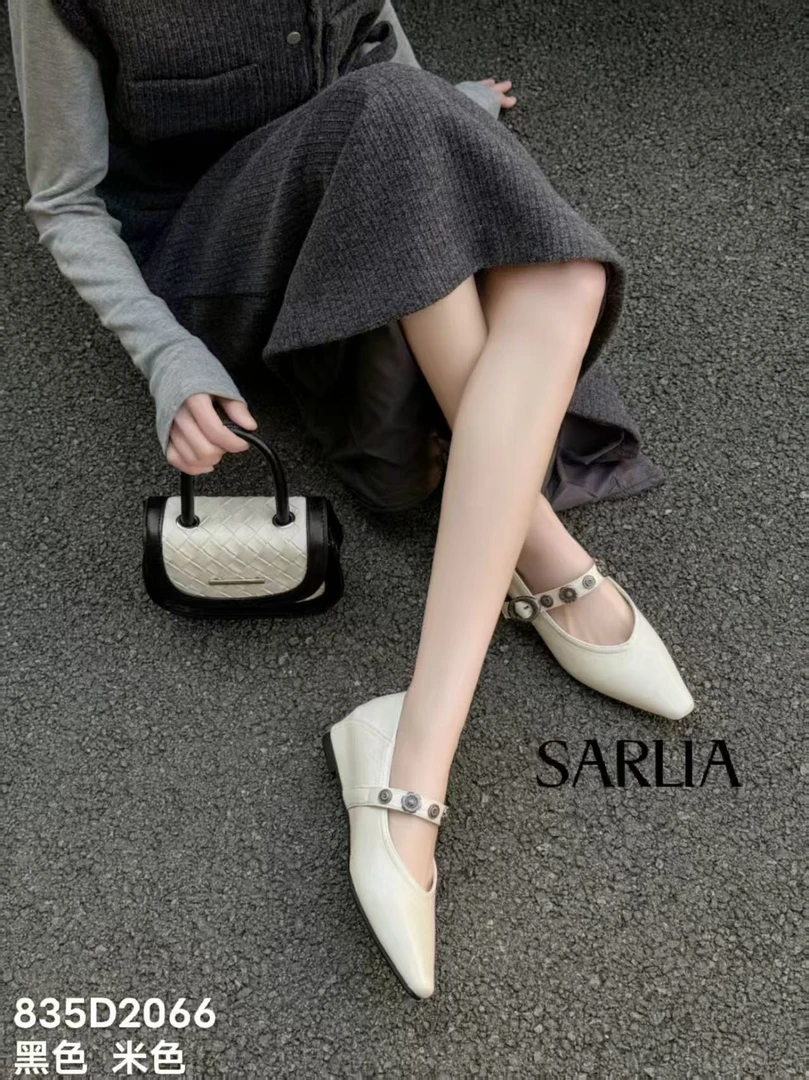 莎莉娅真皮尖头一字带玛丽珍鞋气质百搭内增高单鞋女