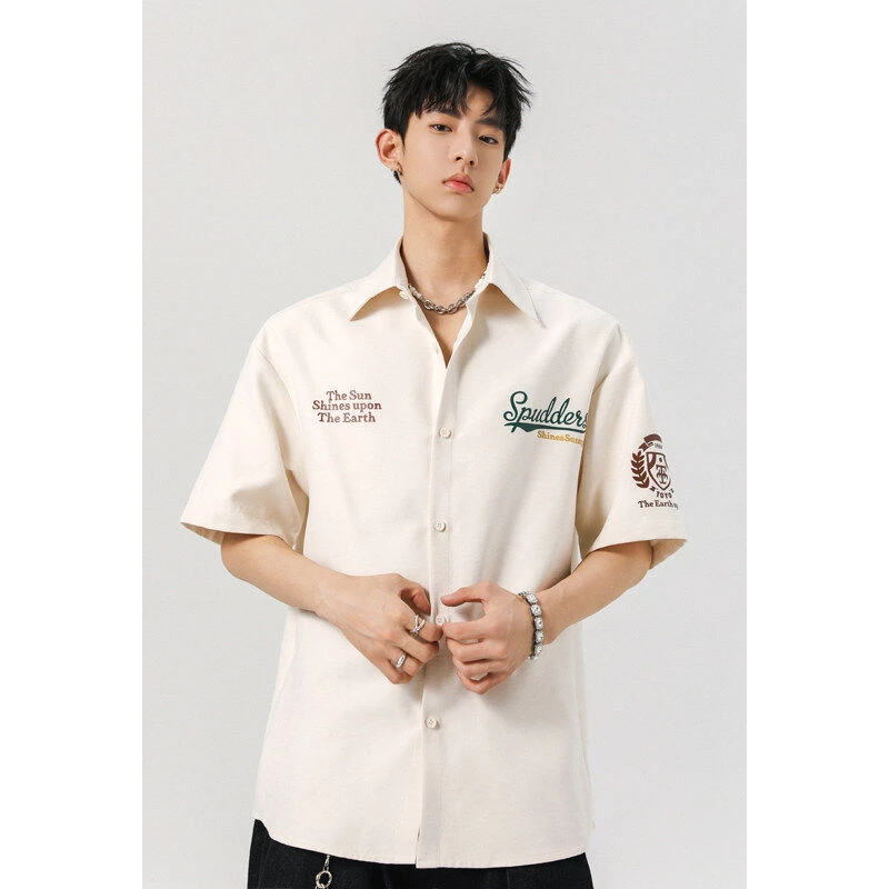 休闲短袖衬衫夏季男士时尚美式黑色大码衬衣薄款宽松爆款t恤男