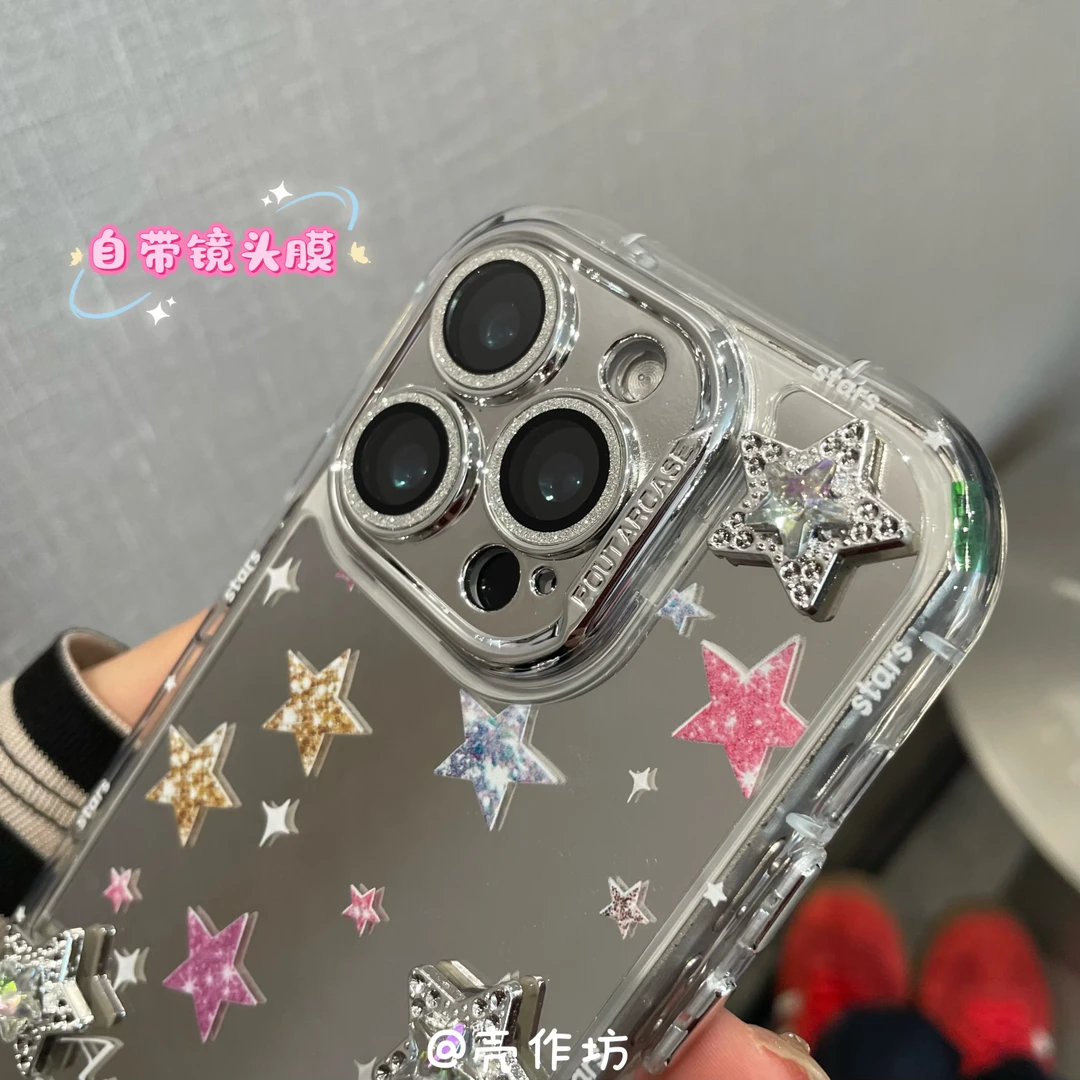 自带镜头膜手机壳镜面闪钻星星iPhone16/15/14/13防摔苹果保护壳