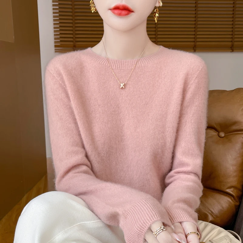 羊毛衫圆领针织衫女长袖显瘦羊绒气质打底衫女装蓝色打底衫