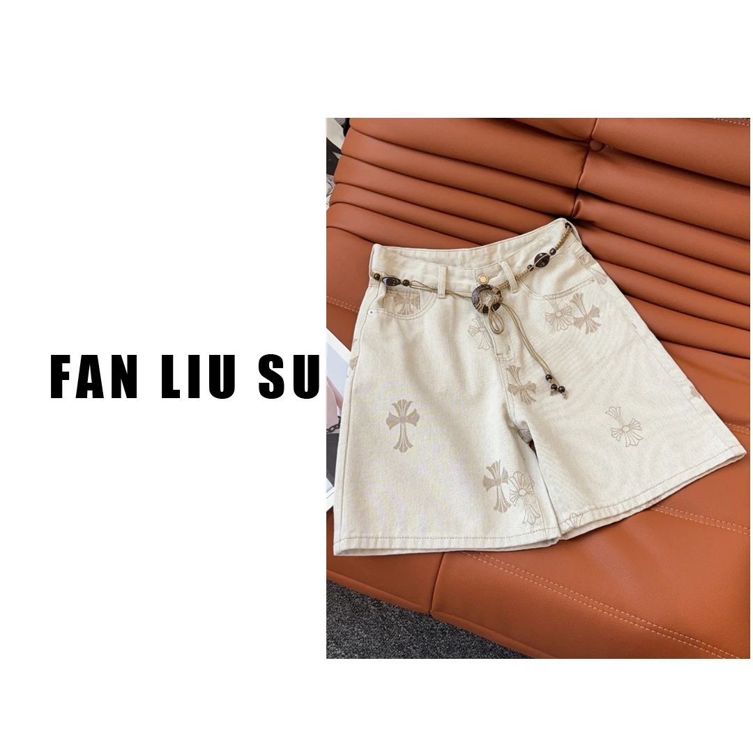 【FANLIUSU】带腰带十字架牛仔裤阔腿裤五分裤2025新款短裤女士夏季
