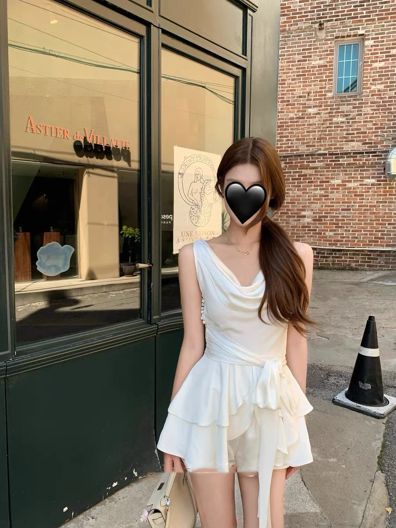 典藏情话 多穿法缎面荡领荷叶边上衣女无袖一字肩上衣显瘦短裤