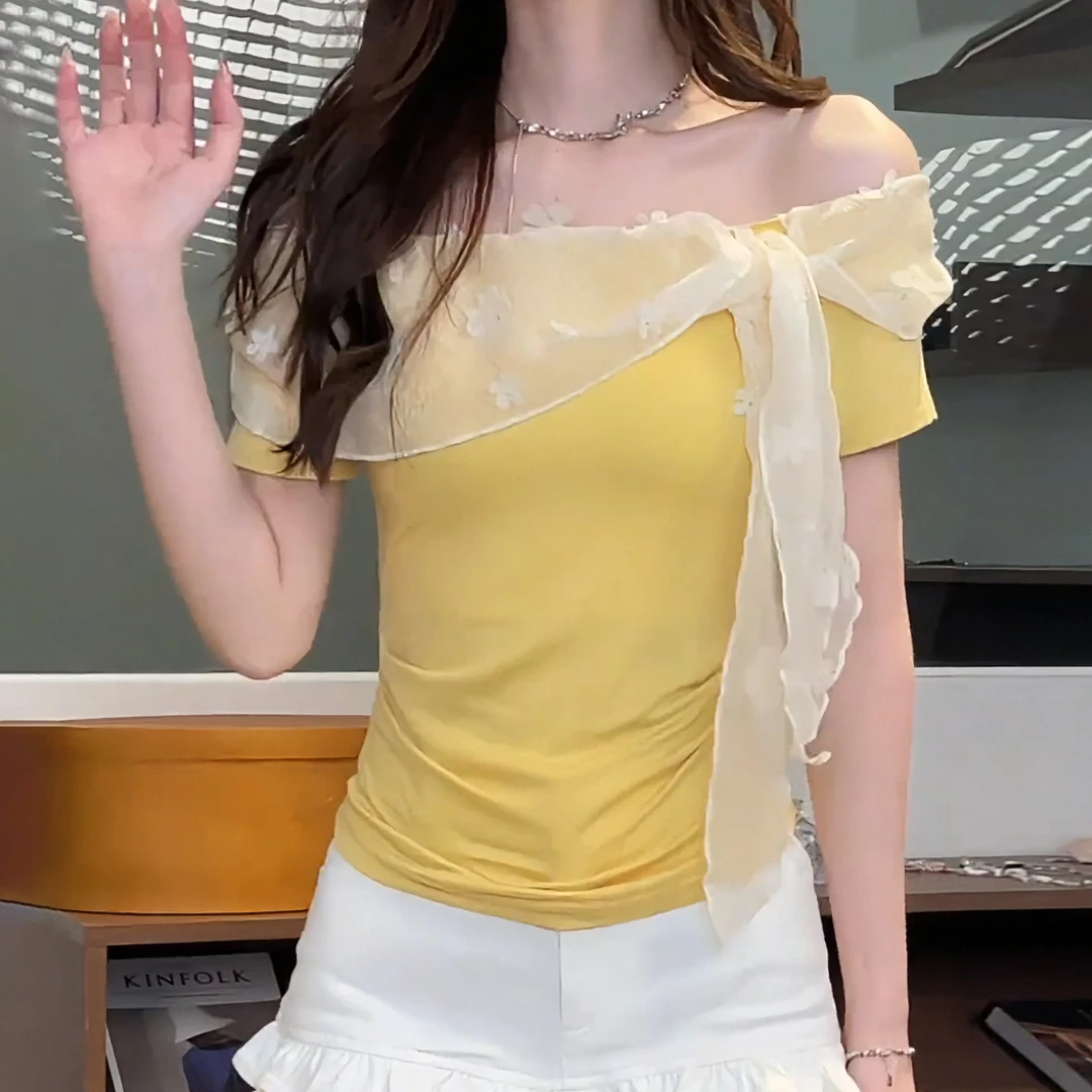 【6698桃】纯欲甜美风一字肩蕾丝T恤女夏胖mm遮肉显瘦设计感上衣