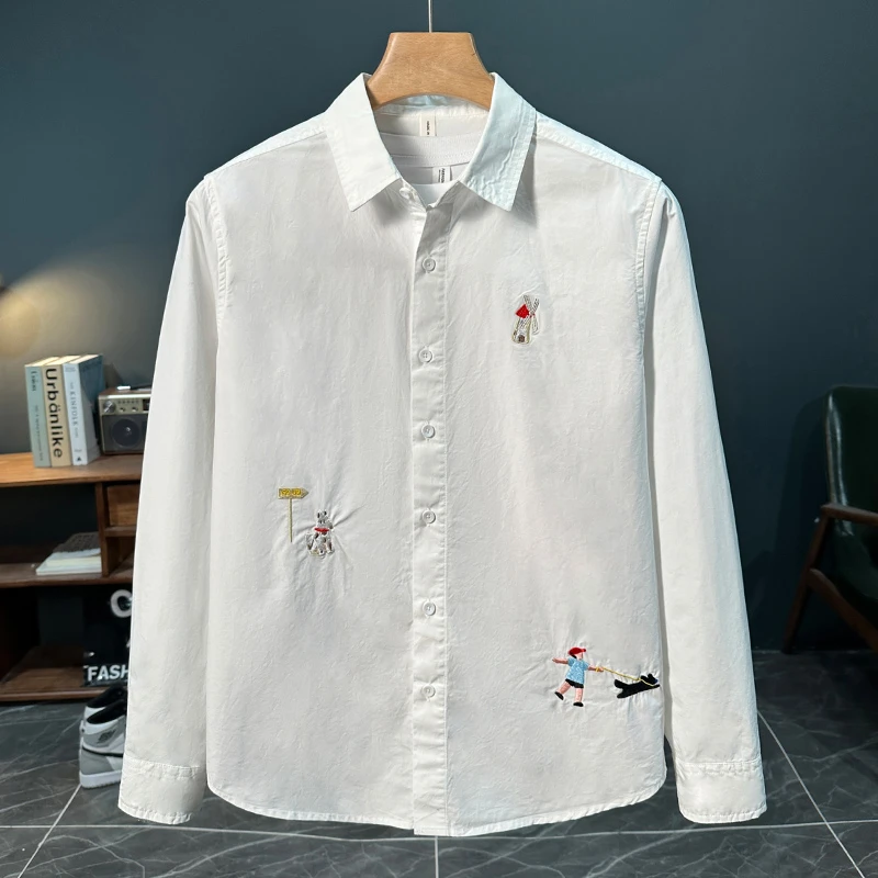 春秋潮流日系清新刺绣长袖衬衫男士新款时尚百搭文艺休闲宽松衬衣