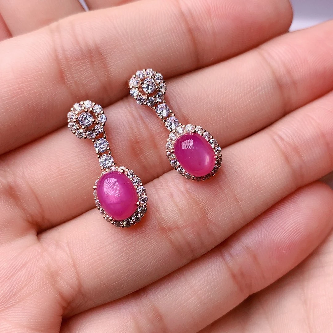 红宝石耳饰银S925镶嵌