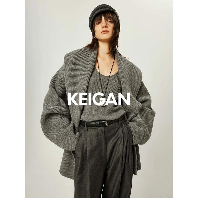 KEIGAN/开间高克重加厚幼羊羔毛宽松青果领粗针坑条廓形针织开衫