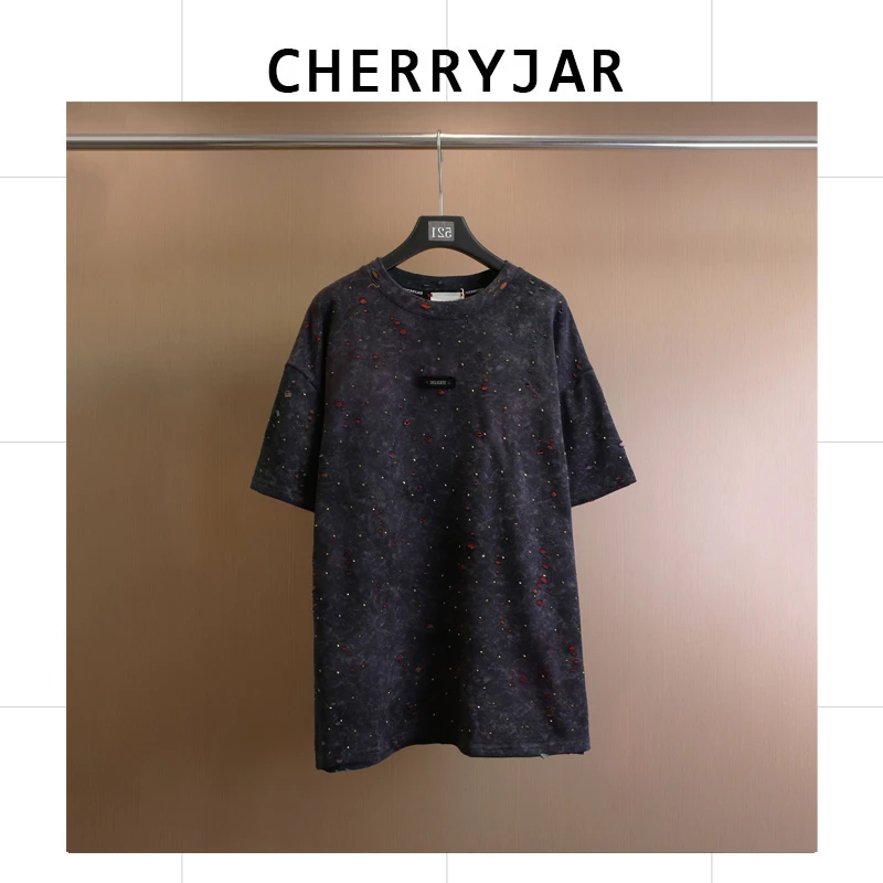 Cherryjar◉【预短袖专属】时尚t恤女宽松大版中长款印花刺绣上衣