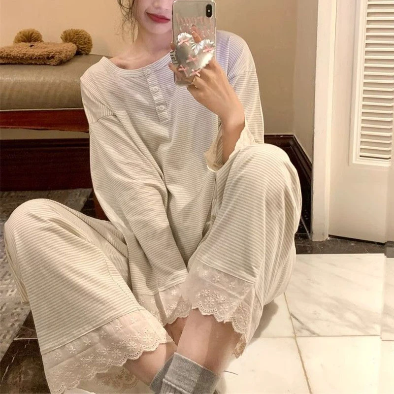 甜美风蕾丝条纹睡衣女款春秋季爆款长袖长裤女士可外穿家居服套装