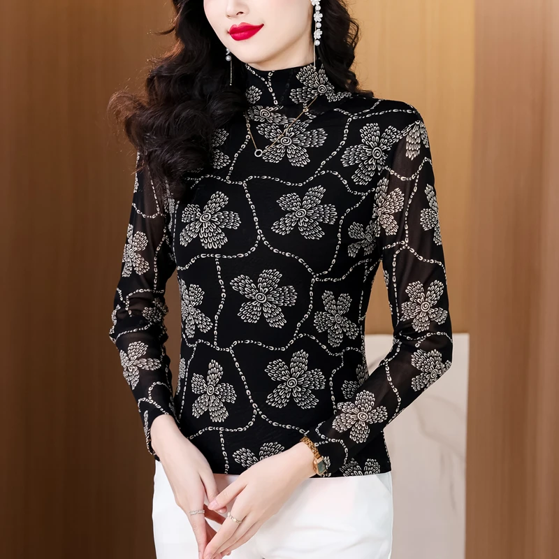 法式印花长袖打底T恤女高领洋气显瘦内搭时髦舒适气质套头上衣