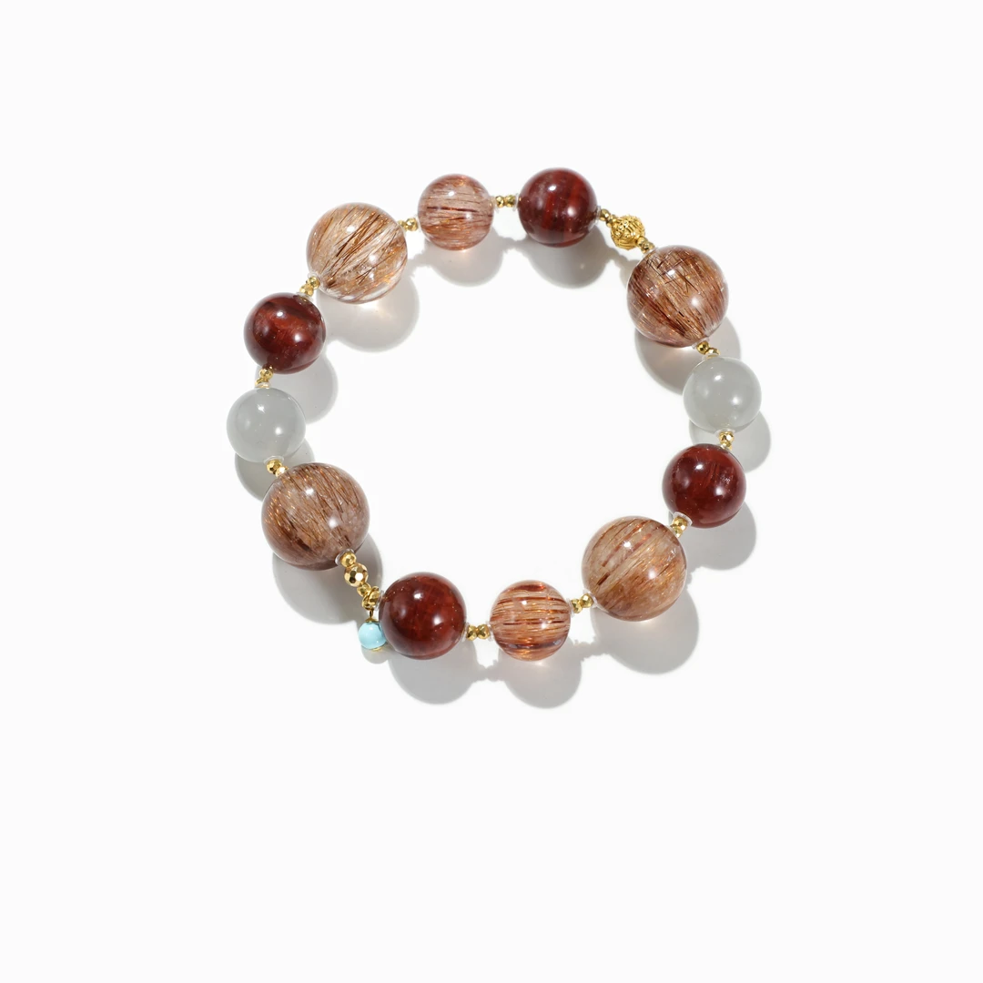 【铜镜】天然水晶铜发晶手串南红和田玉设计款18k金