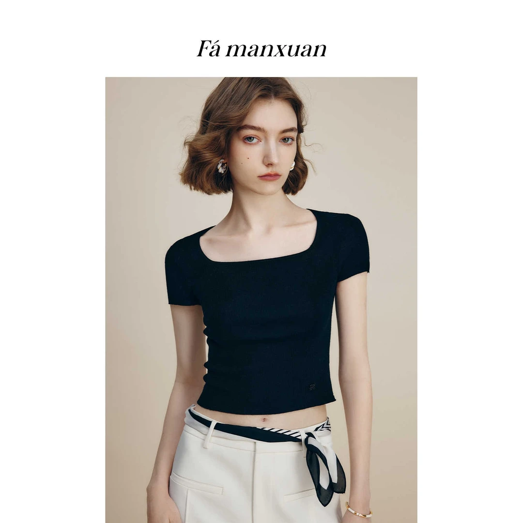 【陈大可专属】法曼萱方领羊毛短袖针织衫女2025夏时尚气质T恤上衣