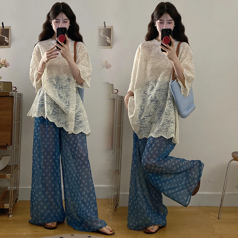 夏季公主风穿搭一整套2025新款设计感蕾丝镂空中长款上衣阔腿裤