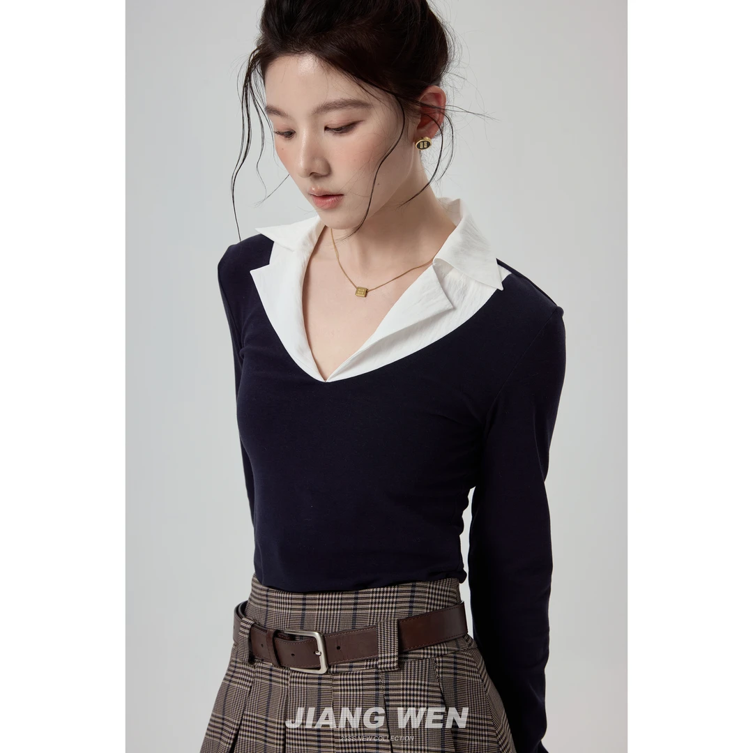 UKILAU【学院日记】学院风V领拼接Polo翻领修身内搭假俩件上衣