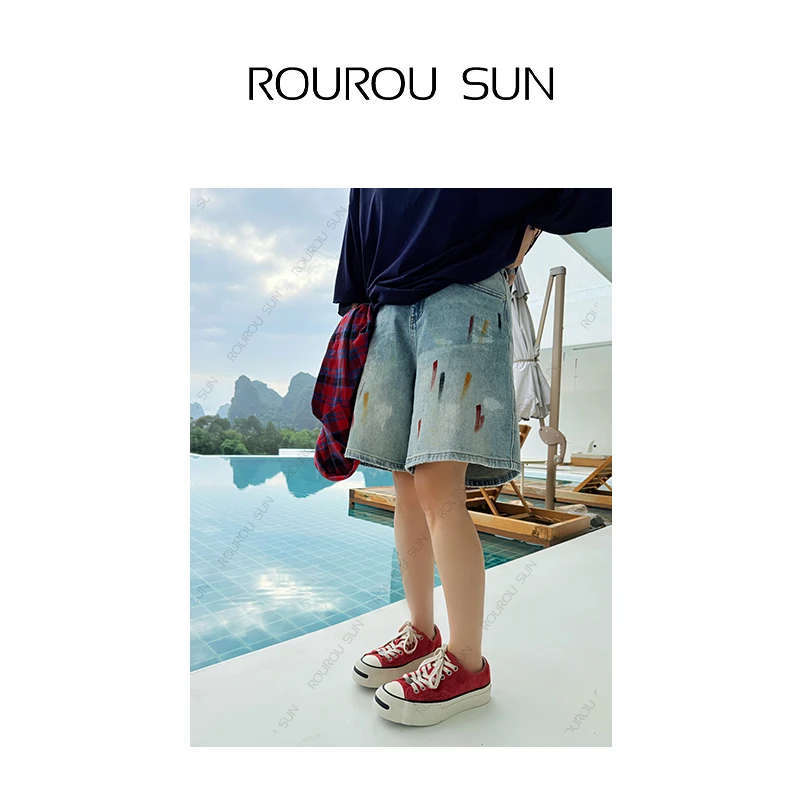 5987韩版小众高级感重工涂鸦牛仔短裤女显瘦潮流阔腿裤