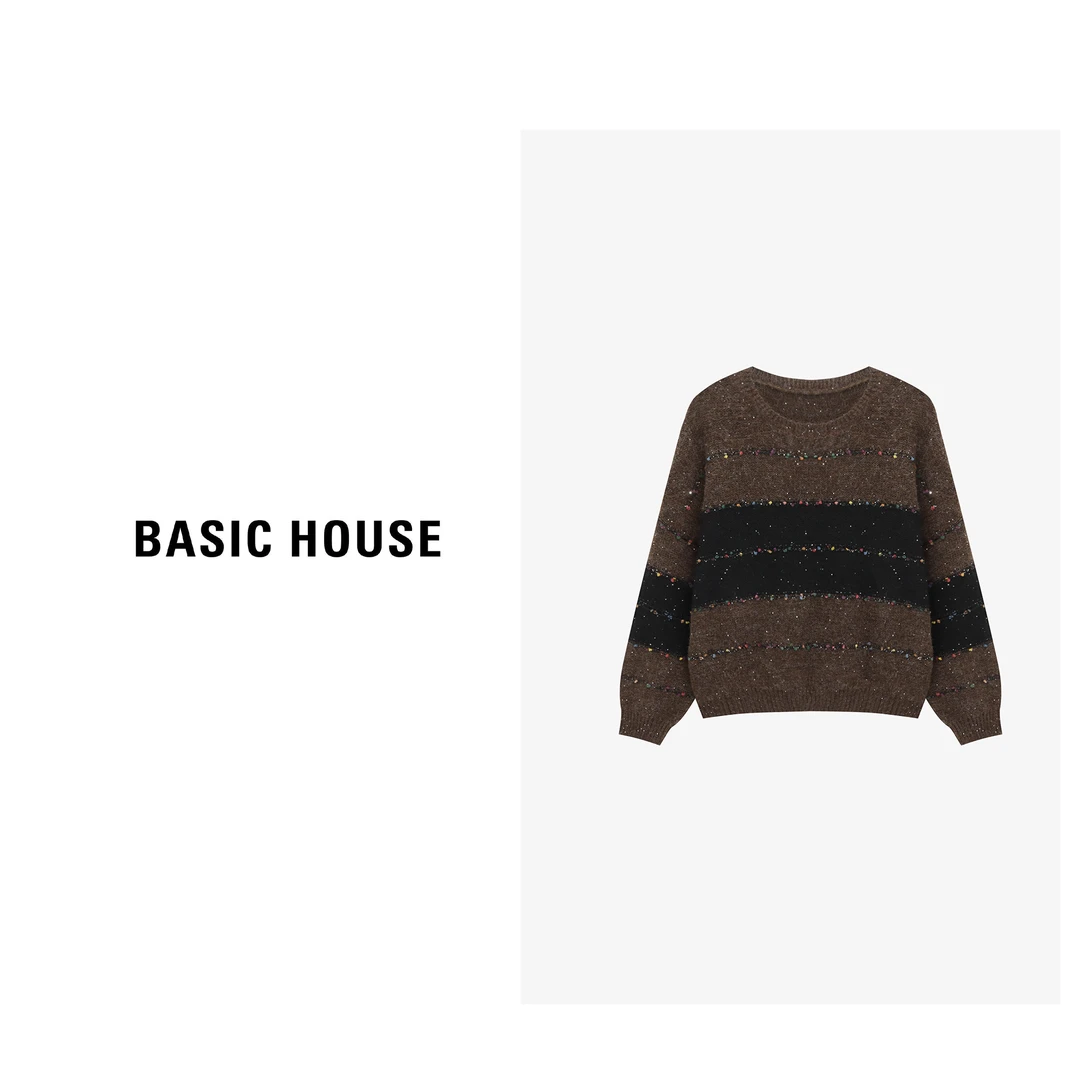 Basic House/百家好撞色拼接休闲圆领针织套头针织衫-B0625B5LLG2