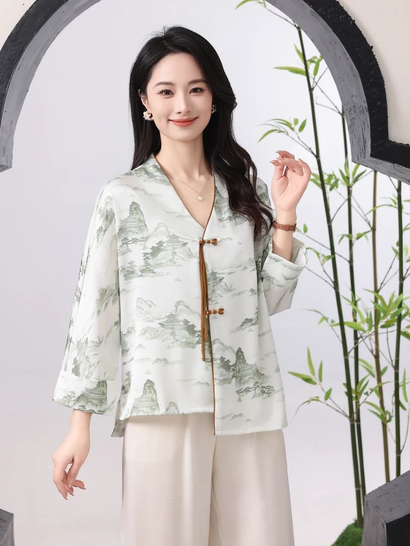 【云裳】气质复古印花水墨丹青国风时尚上衣509