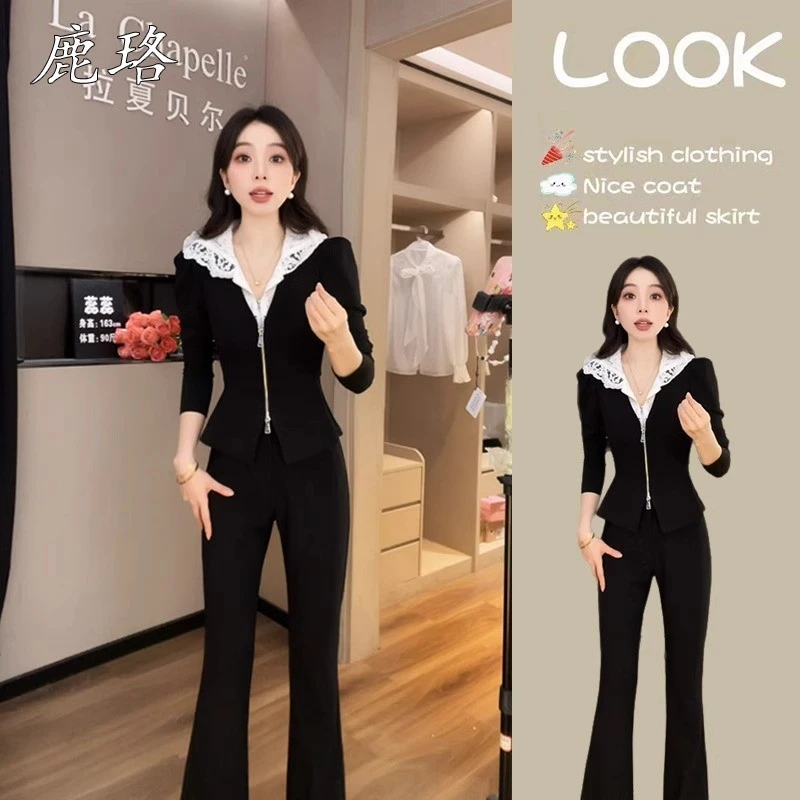 2025春季新款休闲时尚套装气质假两件蕾丝拼接上衣微喇裤套装女款