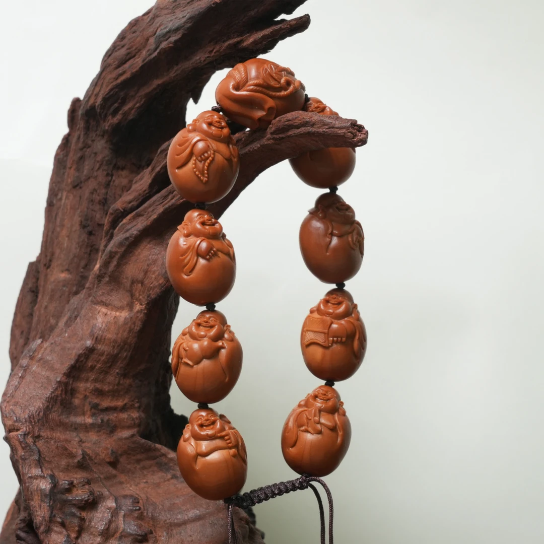 橄榄核雕鲨鱼背弥勒文玩手串纯手工雕刻手串男女刀痕苏工橄榄手串