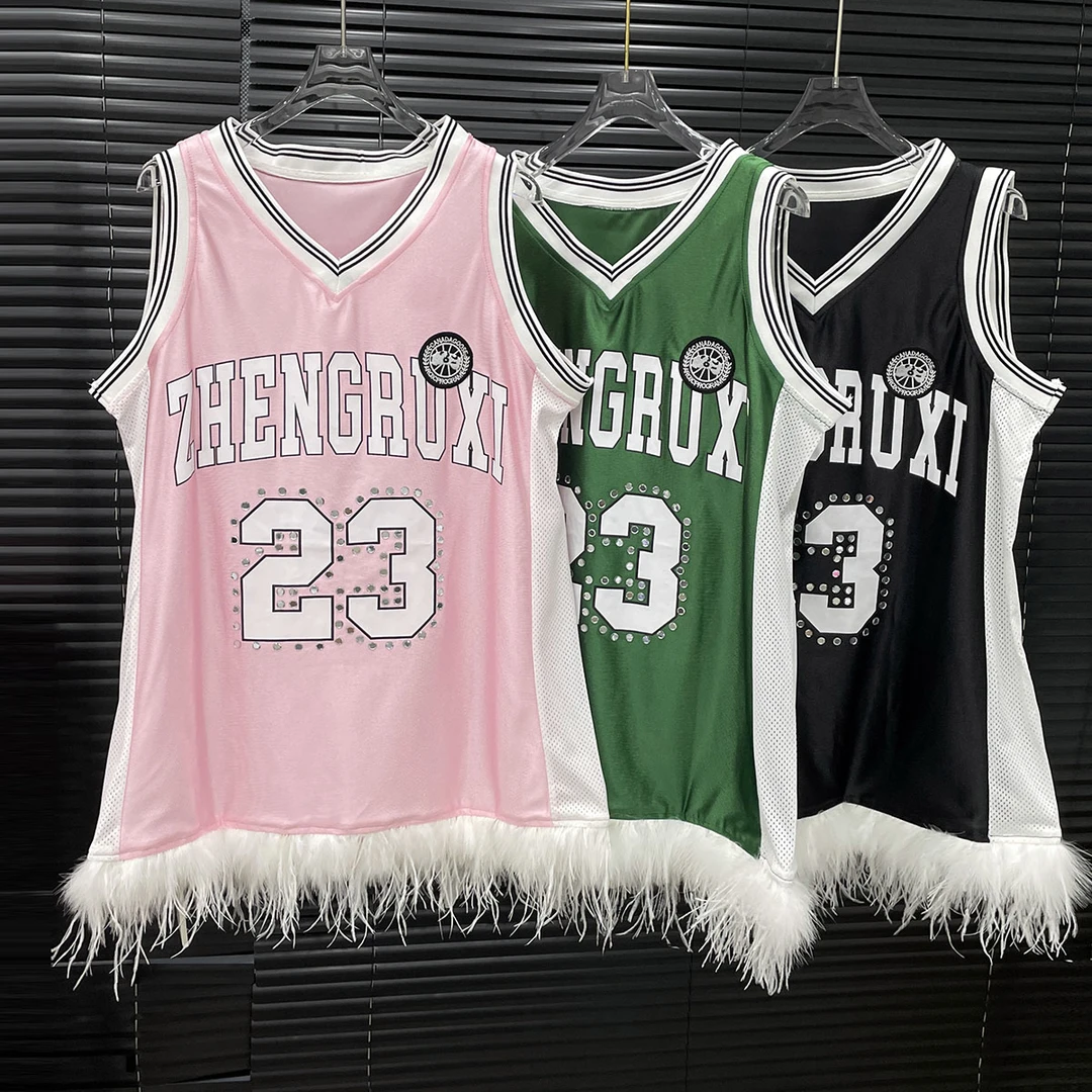 付新博女装羽毛裙摆拼接连衣裙女小众时尚网眼背心球衣短裙14727