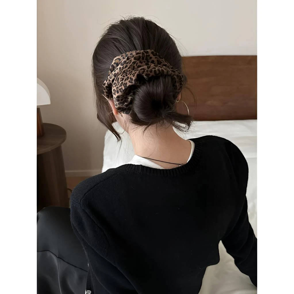 丝绒豹纹双层大肠发圈女扎头发高弹力头花高级感洋气时尚头绳发饰
