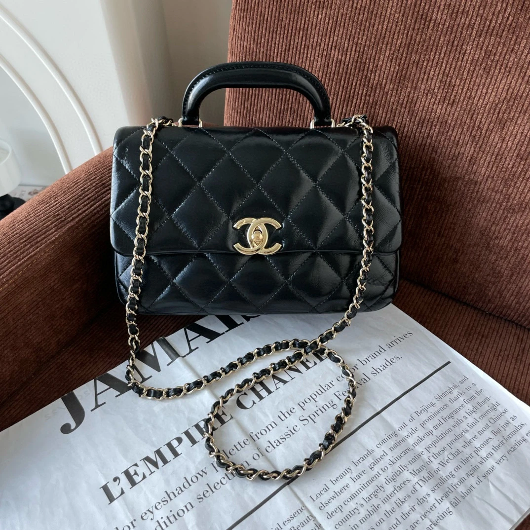 99新 Chanel/香奈儿 24c黑金中号油蜡牛皮方胖子芯片JM2TH61-0042