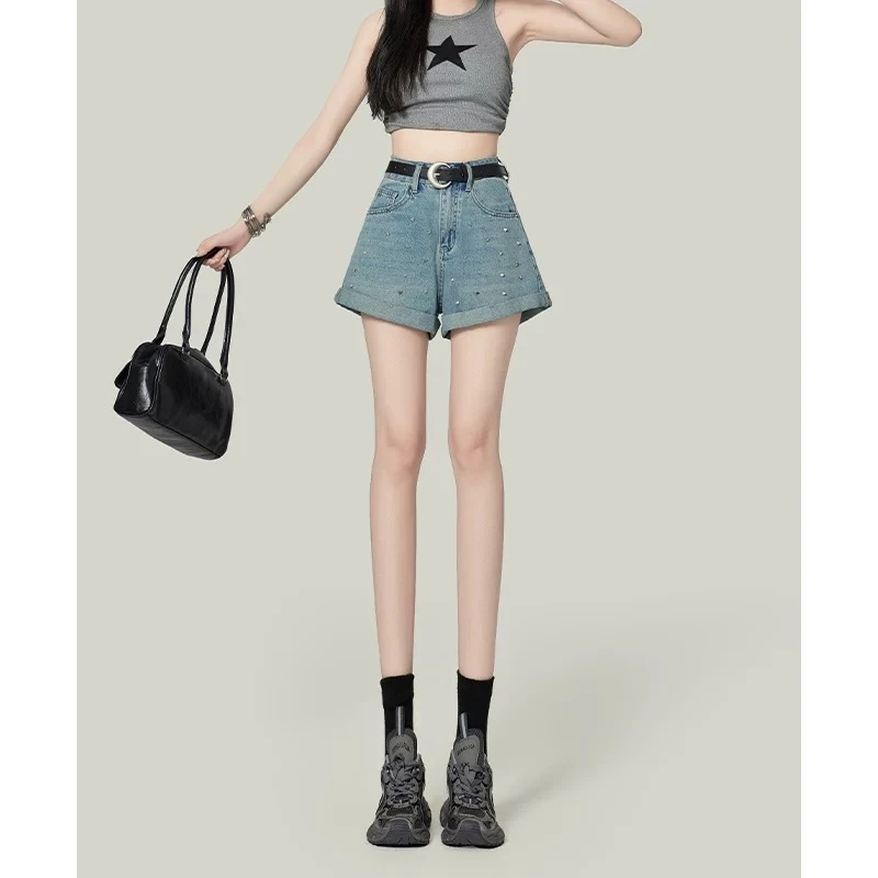 2025夏季新款百搭牛仔高腰显瘦A字卷边阔腿烫钻辣妹热裤