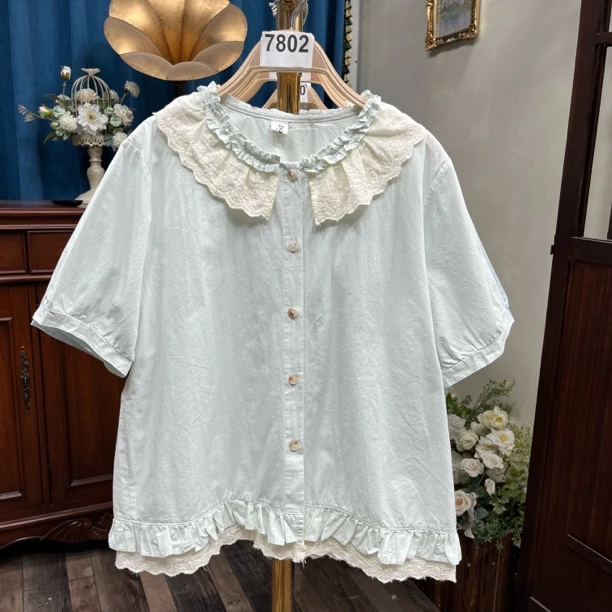 7800-7899号 2025夏装短袖衬衫重工拼接花边下摆显瘦法式甜美元气
