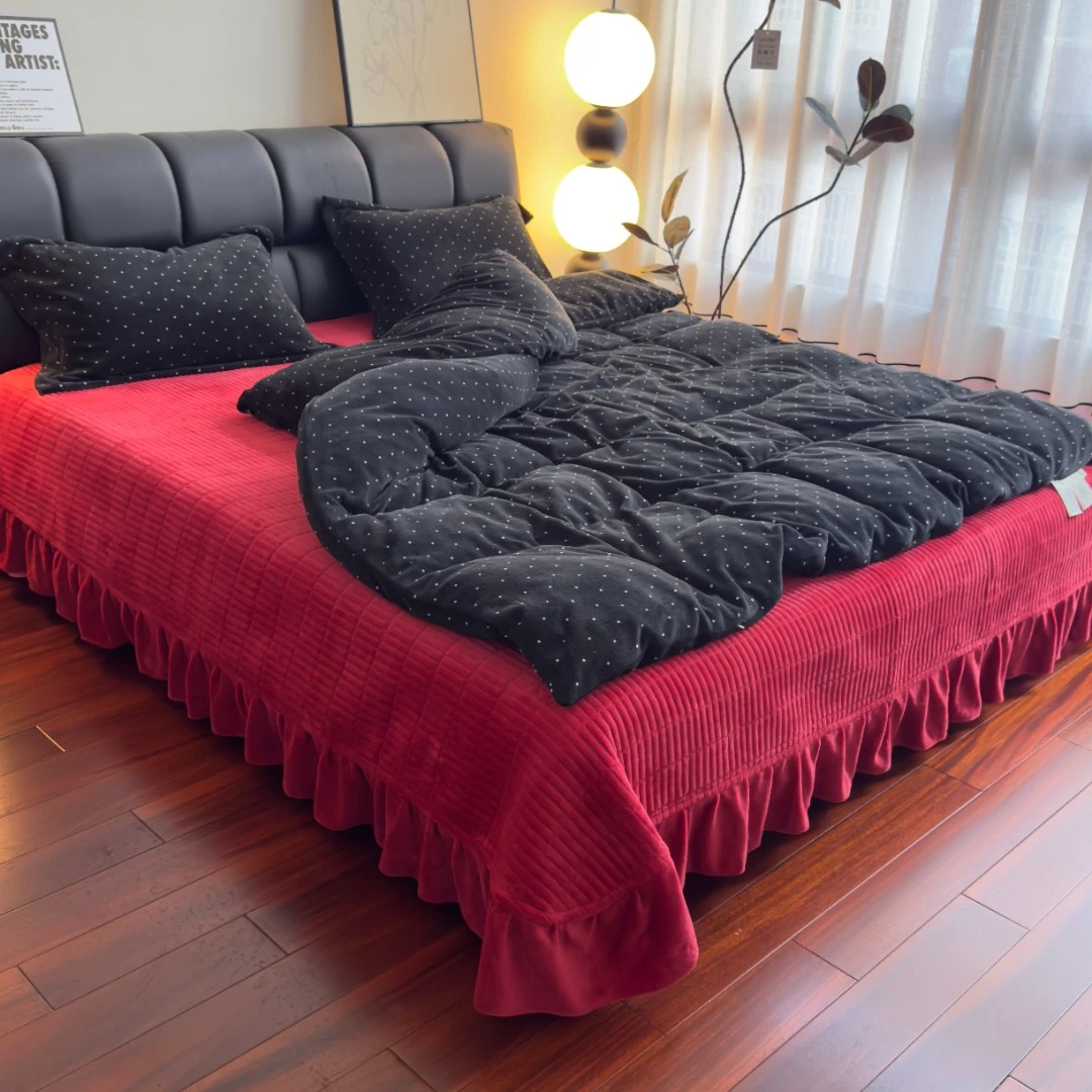 高级感复古红牛奶绒床盖款四件套冬季加厚保暖被套夹棉床单可机洗