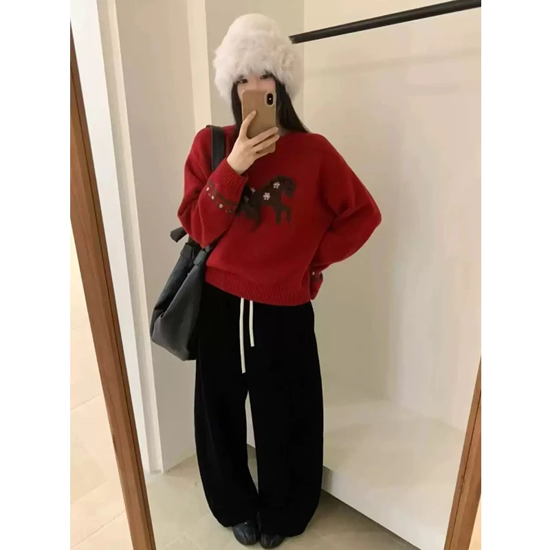 【珂塔芙】卡通小马红色毛衣女款圣诞节新年穿搭宽松慵懒针织衫上衣