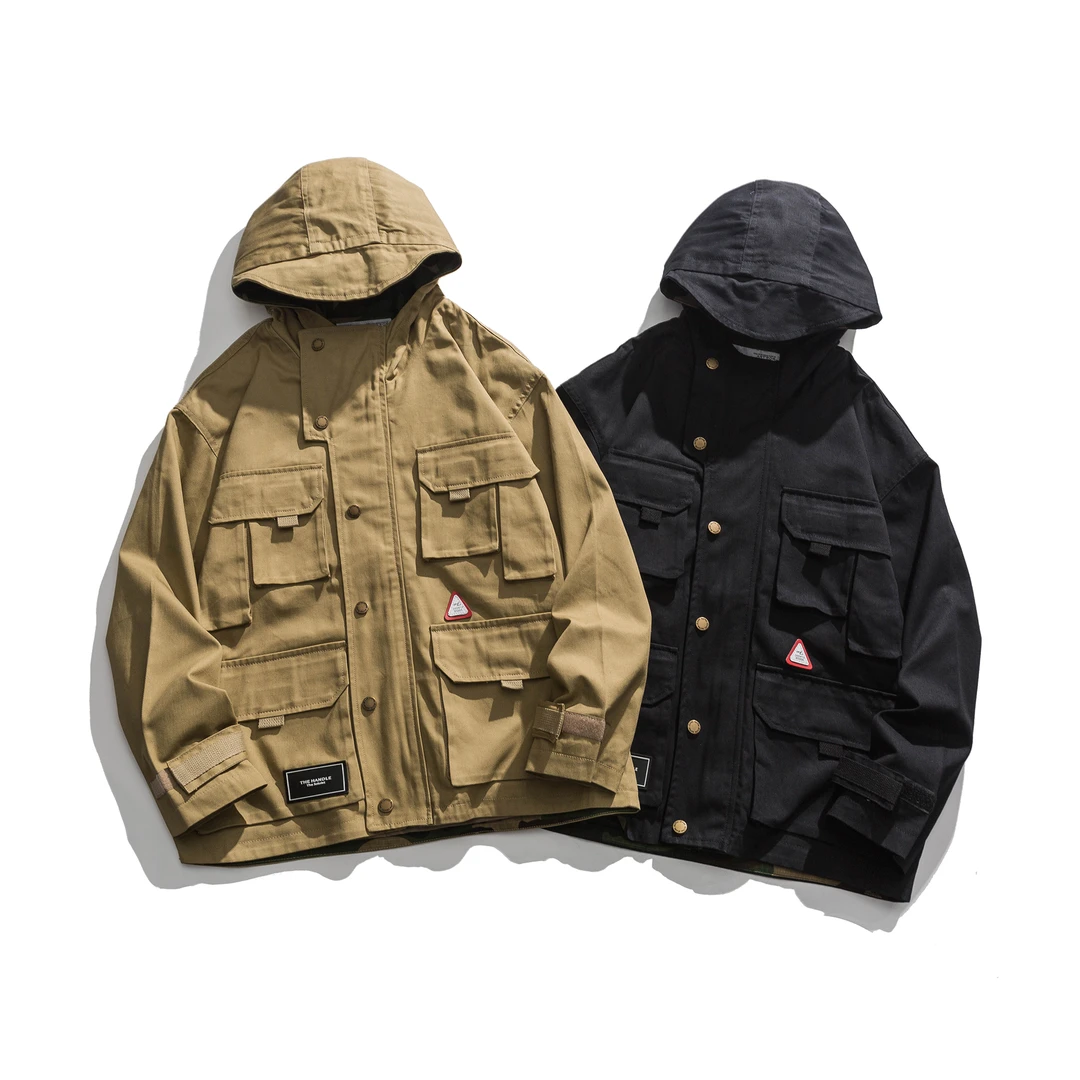 Y171春秋潮牌日系简约情侣百搭连帽工装夹克外套