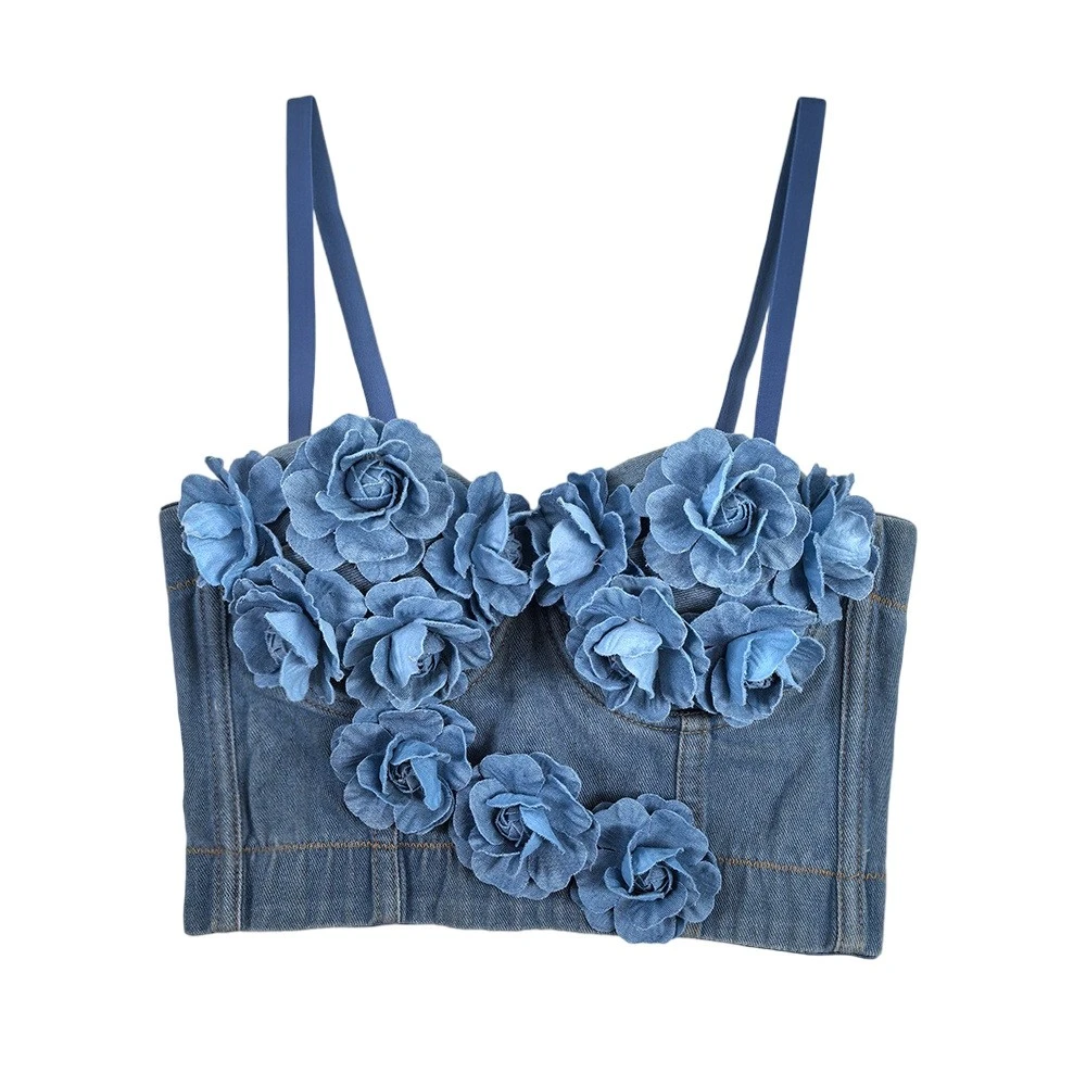 牛仔手工立体花朵鱼骨钢圈外穿胸衣短款背心吊带欧美风高级设计感