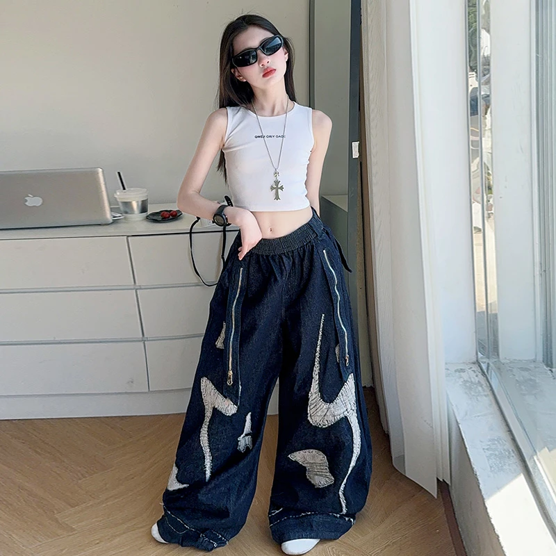 【嘻嘻柚】女童夏季韩版洋气修身背心重工刺绣弯刀牛仔阔腿裤两件套