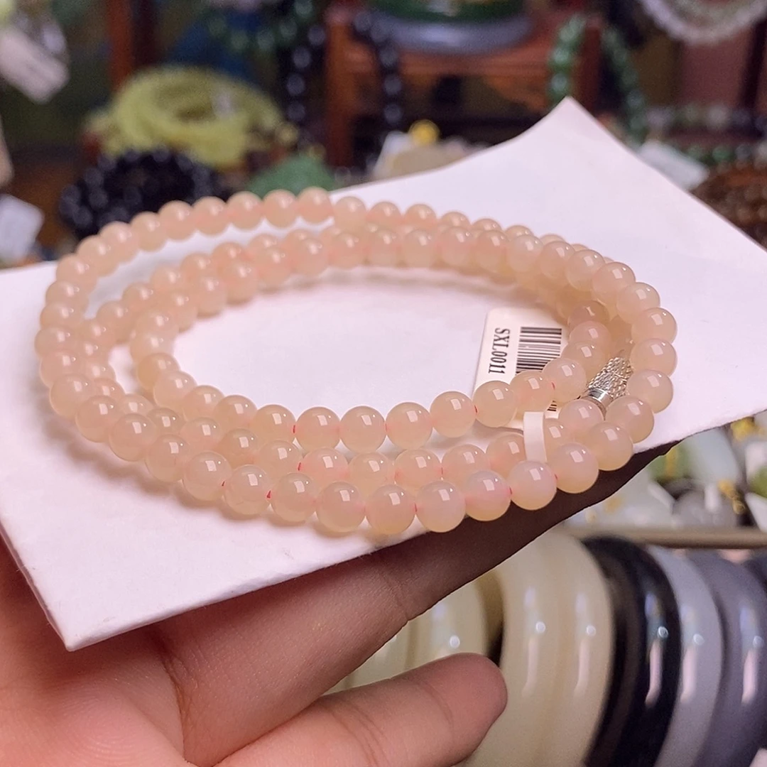 和田玉未镶嵌颈饰藕粉红粉老料珠串5mm