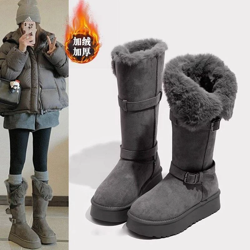 灰色洋气雪地靴女2025秋冬季新款增高加绒加厚底保暖长筒雪地棉鞋