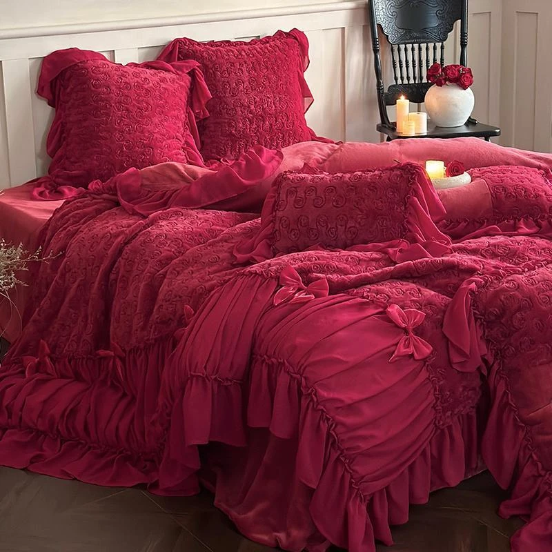 法式浪漫婚庆牛奶绒四件套保暖珊瑚绒公主风被套冬季结婚毛绒床品