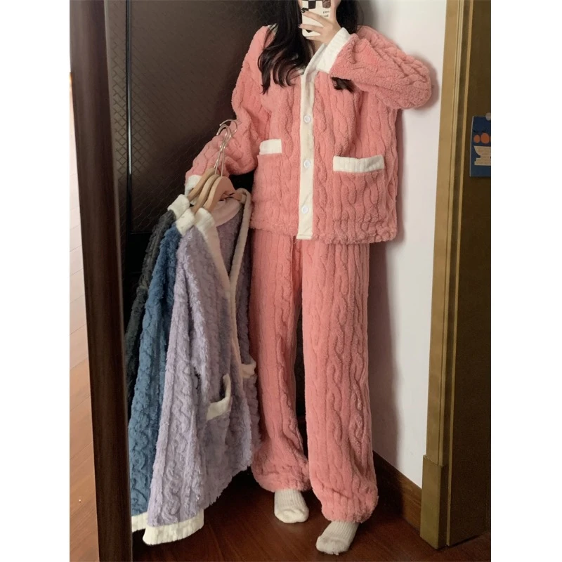 2025秋冬新款加绒加厚保暖小香风撞色家居服珊瑚绒外穿睡衣套装女